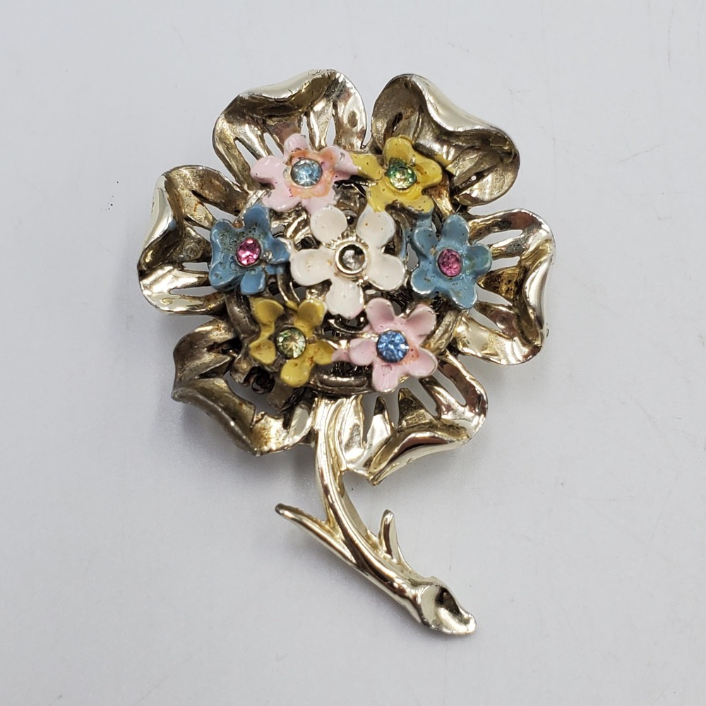 Vintage Pomander Flower Brooch Pin Locket Rhinestone Gold Tone Cottage